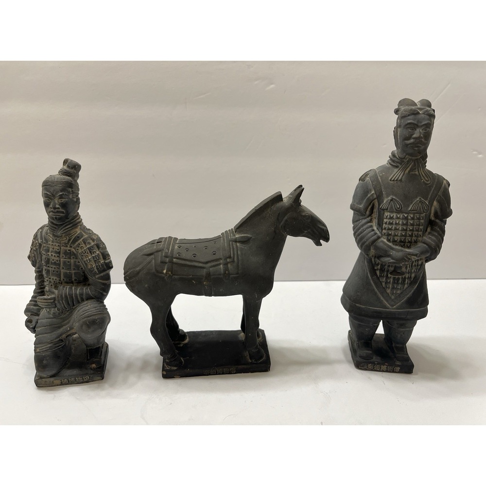 Vintage Replica The Terracotta Army Of China 2 Soldiers Horse Dark Gray Clay